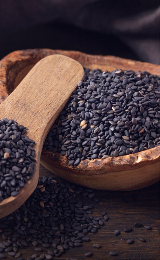 Image shows an informational blog about black sesame for hair growth, explaining its Ayurvedic benefits, simple usage methods, and a nourishing hair oil by Plants & People.